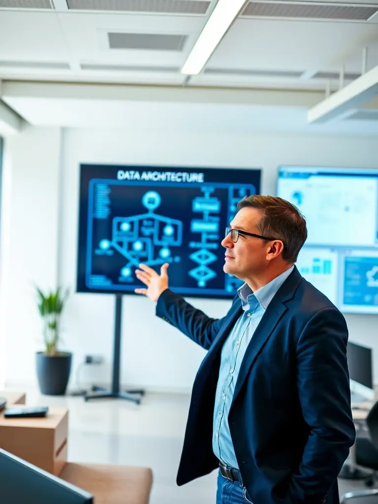 A professional photograph of Gary Strahle working on a data architecture diagram, showcasing his expertise in designing robust data solutions for clients.